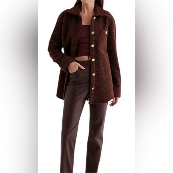 Express Dark Brown Teddy Jacket with Gold Buttons - Picture 6 of 11